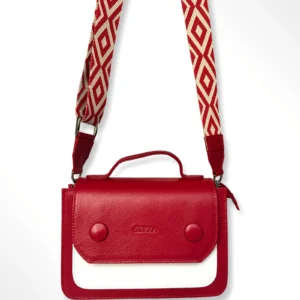 Cartera manos libres en cuero con cargadera tejida Bella rojo-blanco