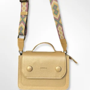 Cartera manos libres en cuero con cargadera tejida Bella dorado