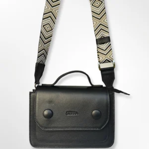 Cartera manos libres en cuero con cargadera tejida Bella negro