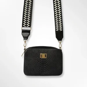 Cartera manos libres en cuero con cargadera tejida Lola negro